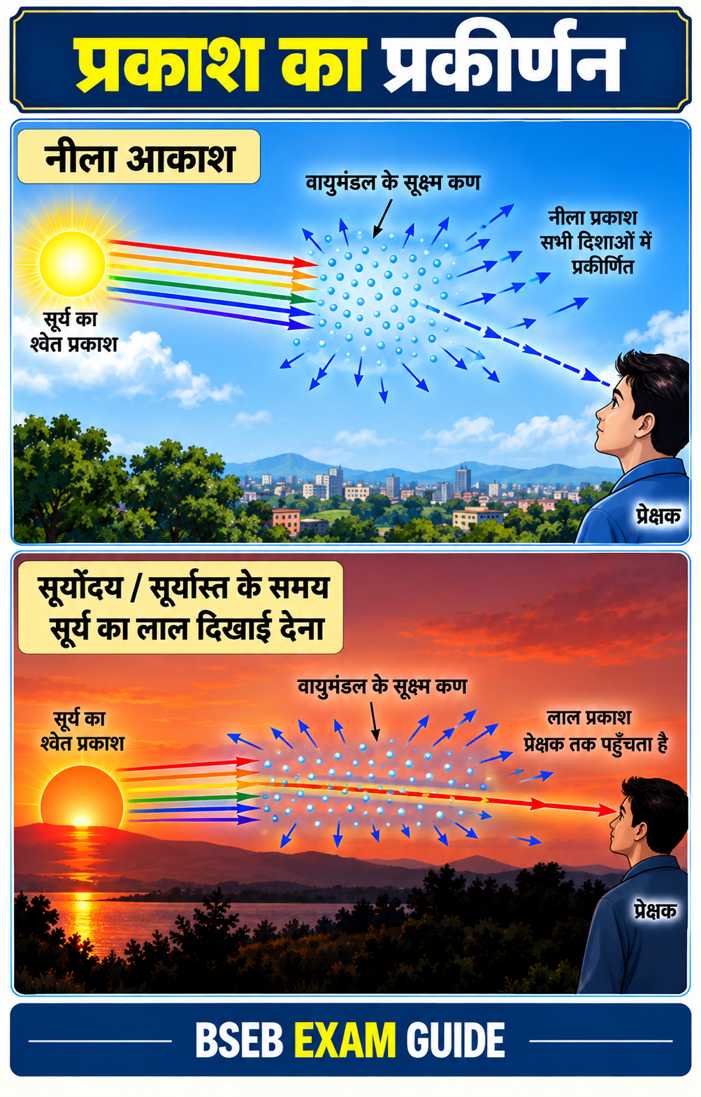 प्रकाश का प्रकीर्णन नीला आकाश और लाल सूर्य