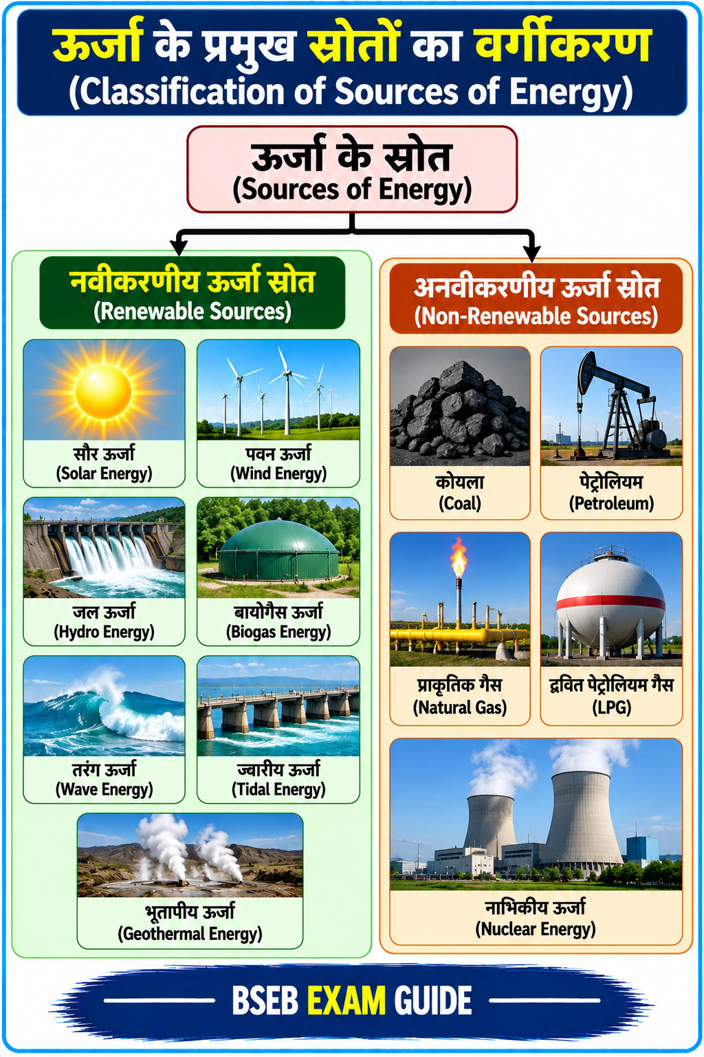 ऊर्जा के प्रमुख स्रोतों का वर्गीकरण Renewable and Non Renewable Sources