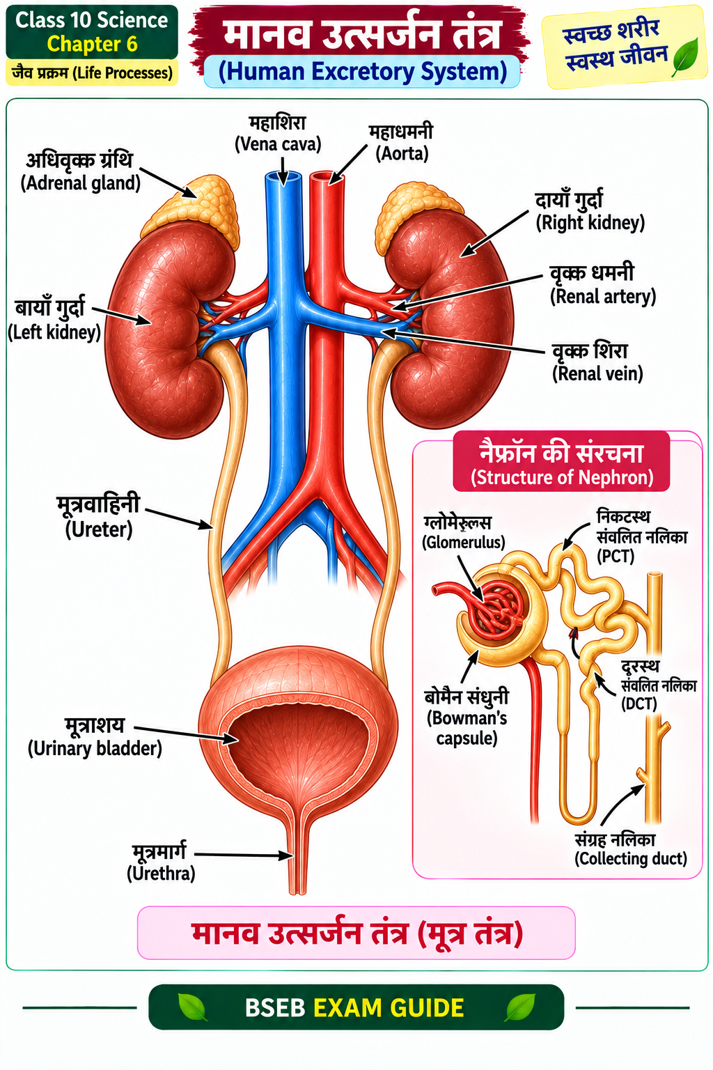 मानव उत्सर्जन तंत्र और नेफ्रॉन का नामांकित चित्र Class 10 Science